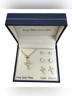 Belk Silverworks Gold Plate Cross Necklace & Cubic Zirconium Earring Set NEW